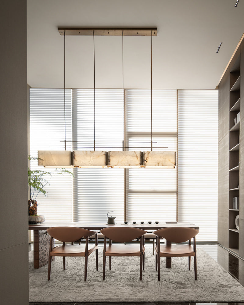 Vintage Alabaster & Gold Long Chandelier 48“60”71" with Metal Rod