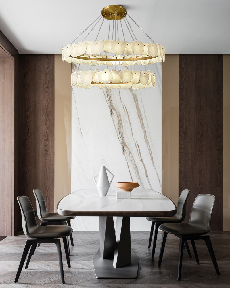 3-tiered stairwell chandeliers | irregular alabaster plate in disk ceiling with long cord