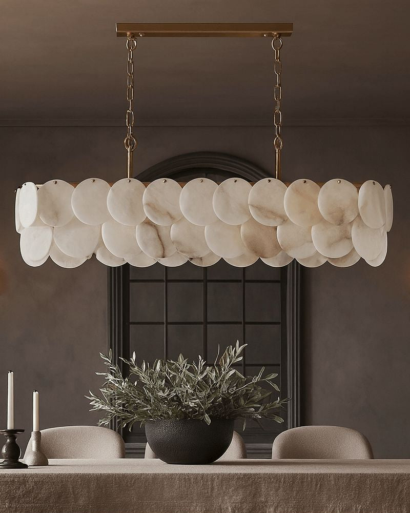 Rectangular Alabaster Chandelier Dia 100/120 with Round Shell Piece String Ceiling for Dining room