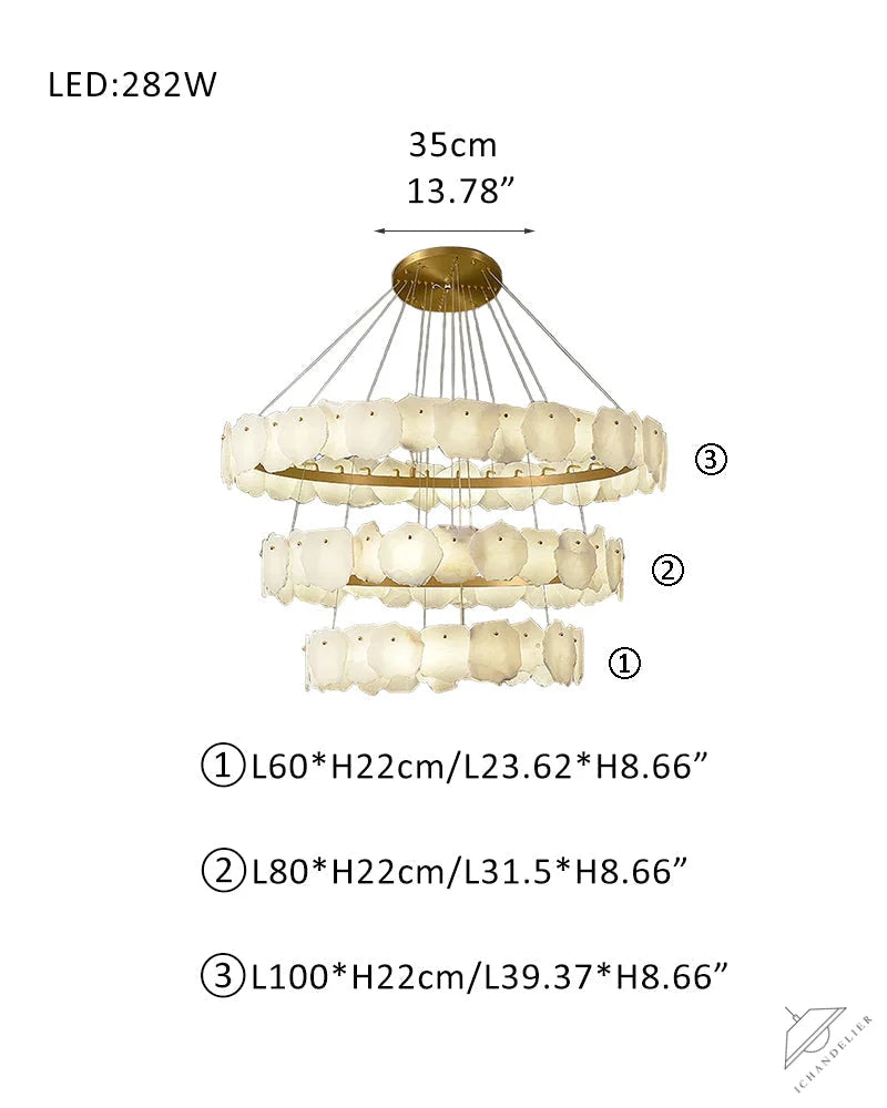 3-tiered stairwell chandeliers | irregular alabaster plate in disk ceiling with long cord