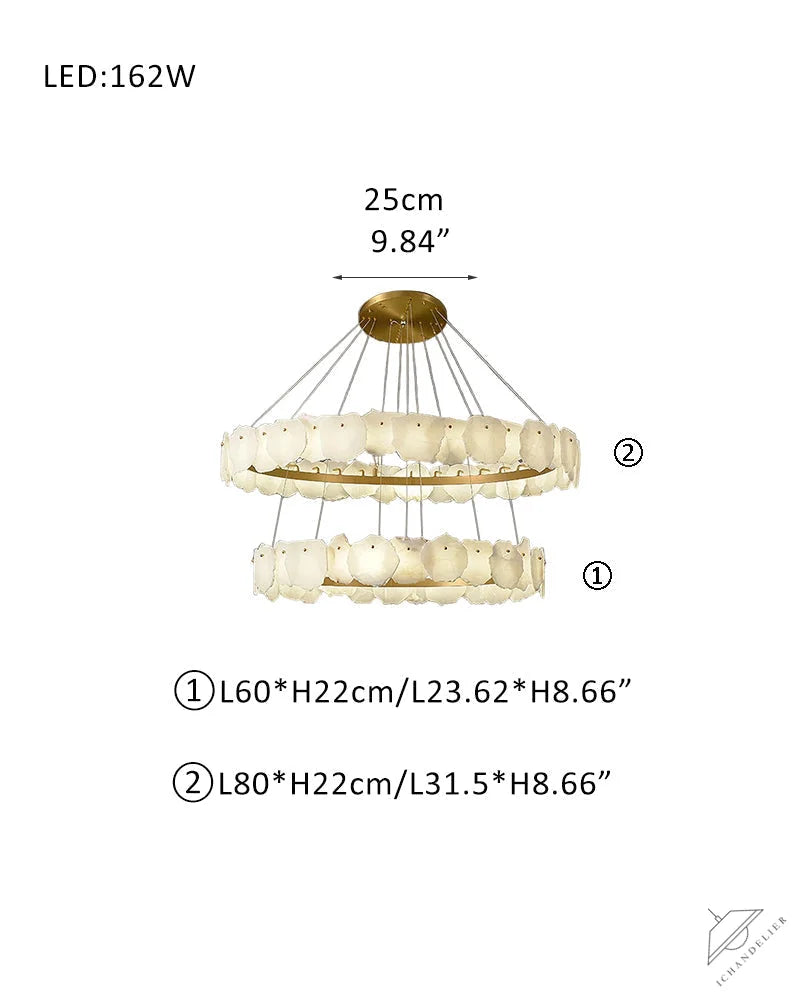 3-tiered stairwell chandeliers | irregular alabaster plate in disk ceiling with long cord