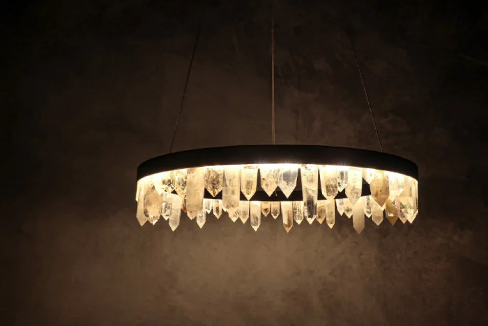 36 Inch Round Modern Chandelier Brass & Clear Geode Quartz Crystal Hanging Light
