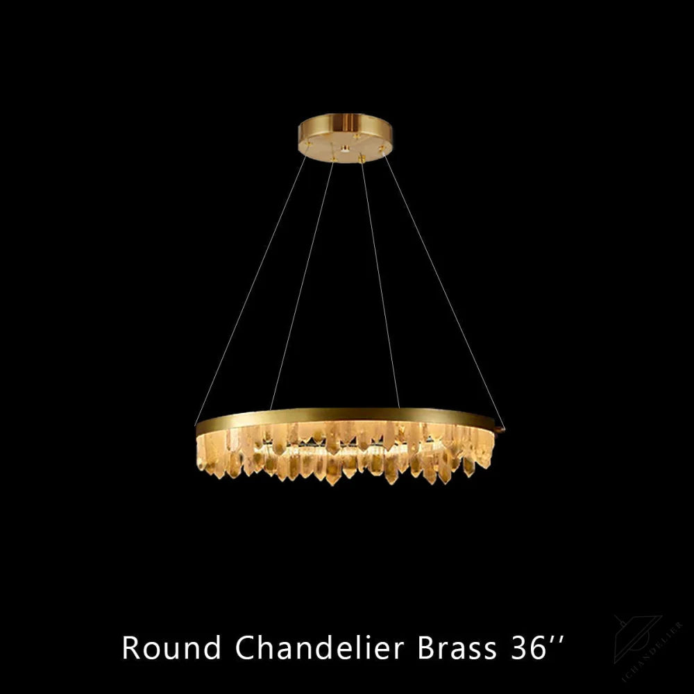 36 Inch Round Modern Chandelier Brass & Clear Geode Quartz Crystal Hanging Light