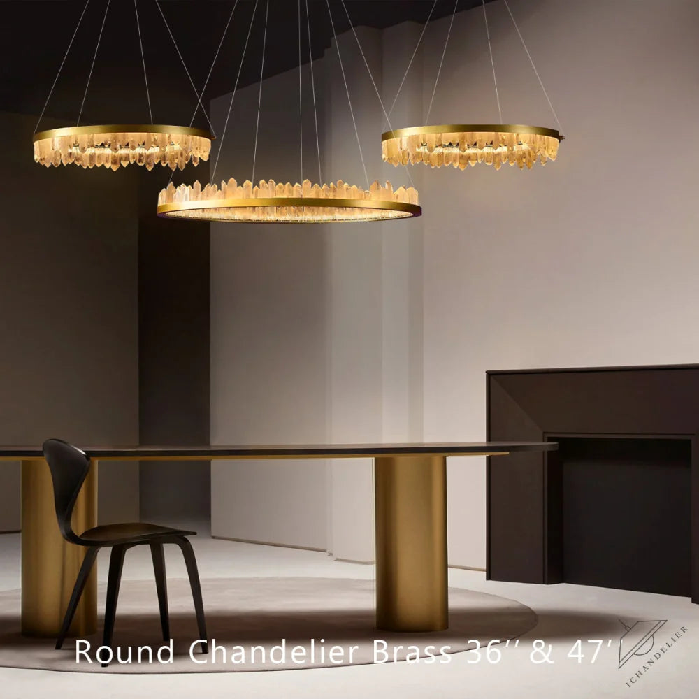 36 Inch Round Modern Chandelier Brass & Clear Geode Quartz Crystal Hanging Light