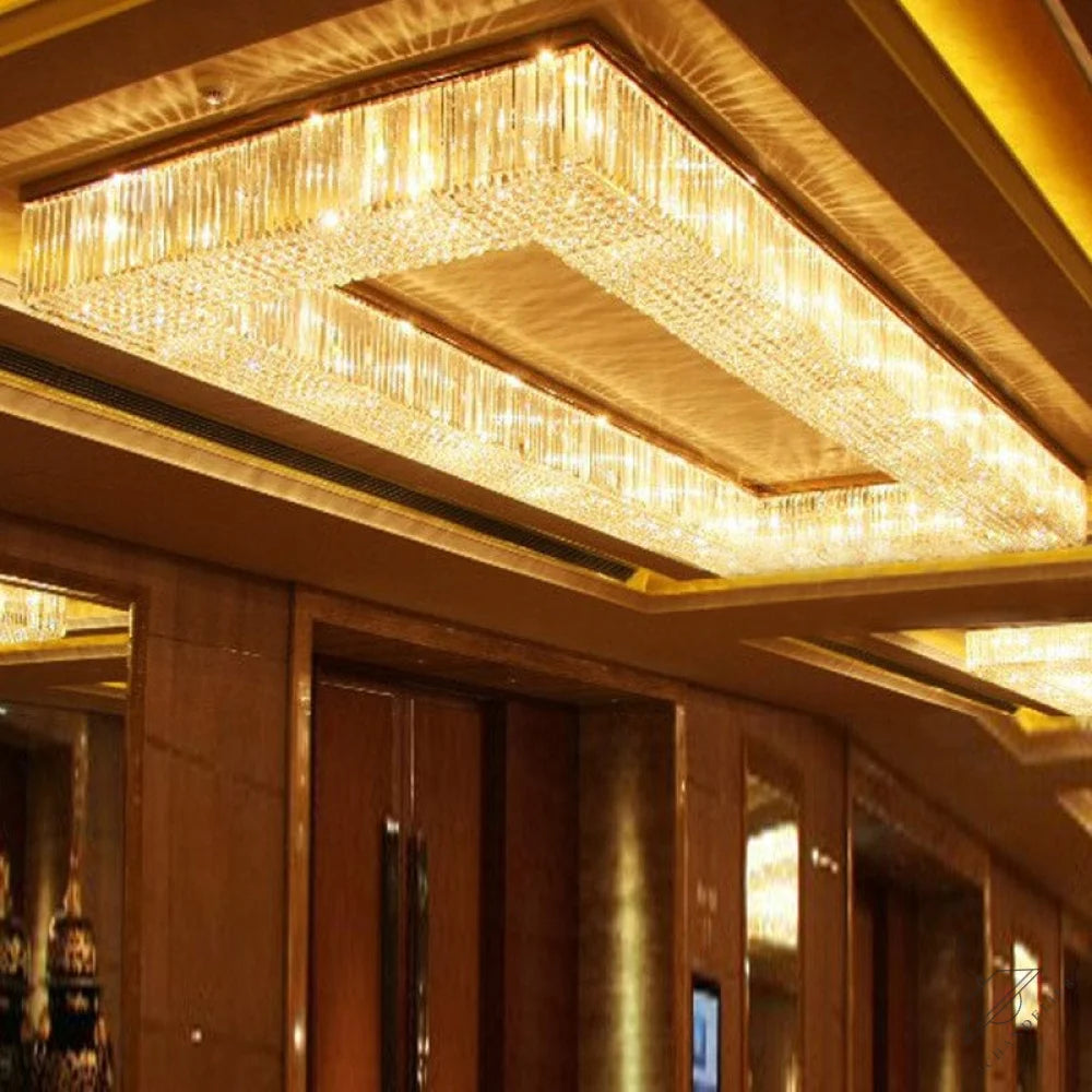 39*118 Inch Extra Large Rectangle Flush Mounted Gold Crystal Chandelier Lighting