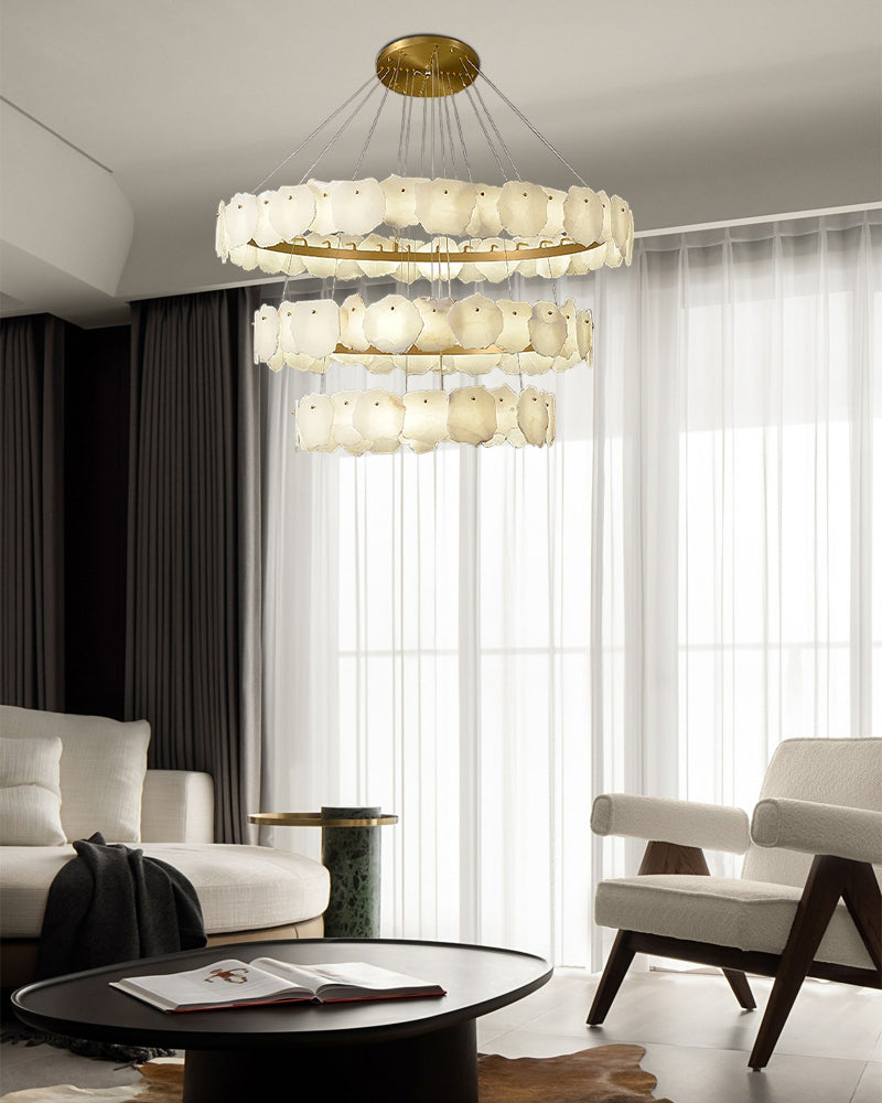 3-tiered stairwell chandeliers | irregular alabaster plate in disk ceiling with long cord