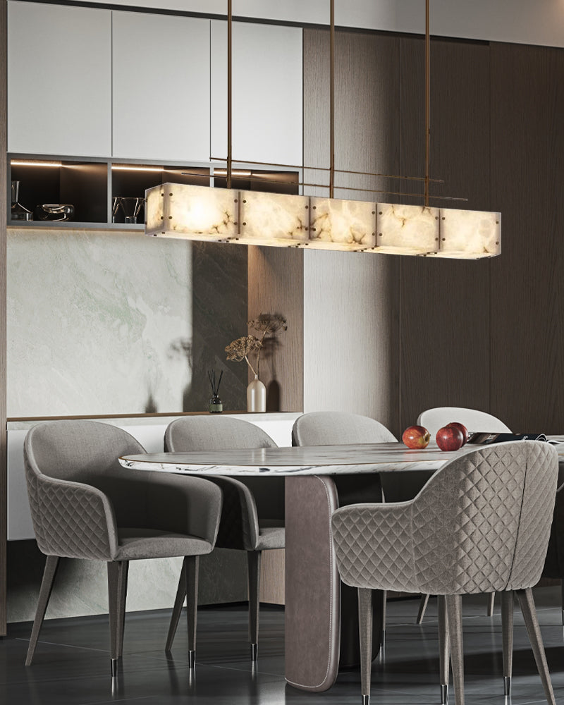 Vintage Alabaster & Gold Long Chandelier 48“60”71" with Metal Rod