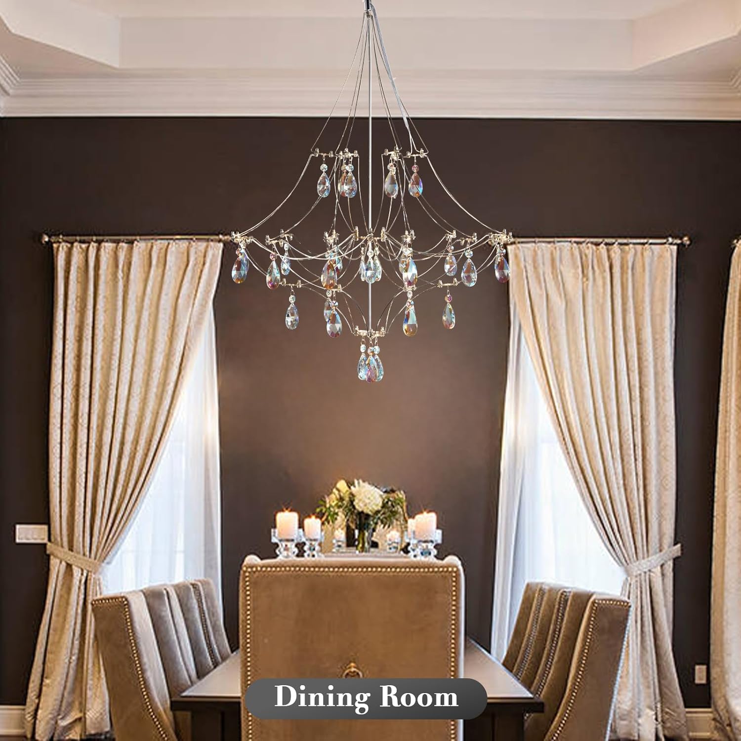 Silver Crystal Round Chandelier 23.6" Modern Luxury Raindrop Light