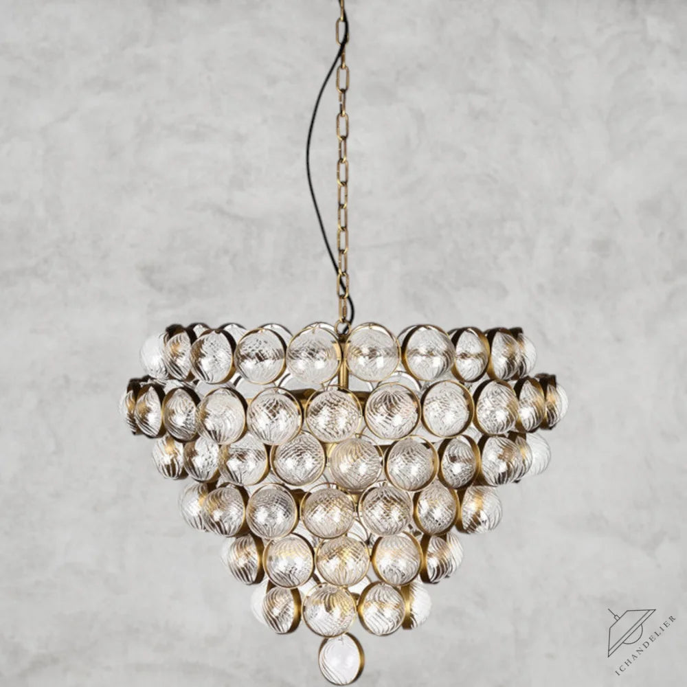 Aged Brass and Textured Glass Large Chandelier