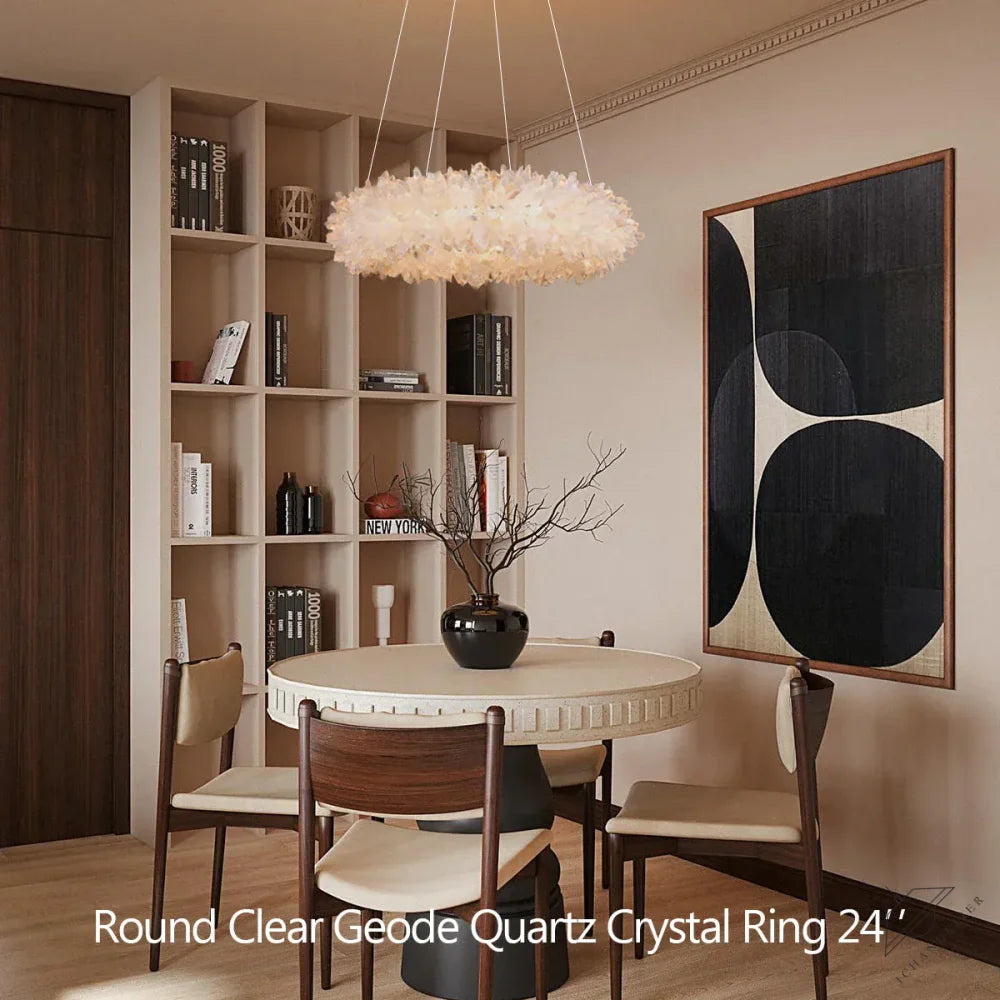 Diam 24'' Amber Kandace Round Rock Crystal Pendant Light Modern Chandelier for Living Room 24'', 31.5'', 40'', 47''