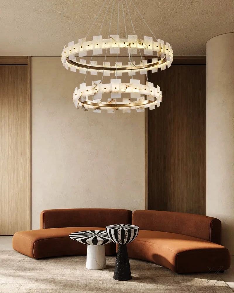 Antique Brass Ring Frame Round Halo Alabaster Modern Lighting Chandelier Wide 31 inch