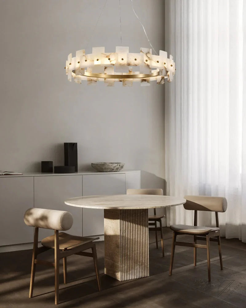 Antique Brass Ring Frame Round Halo Alabaster Modern Lighting Chandelier Wide 31 inch