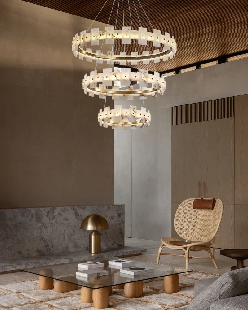 Antique Brass Ring Frame Round Halo Alabaster Modern Lighting Chandelier Wide 31 inch