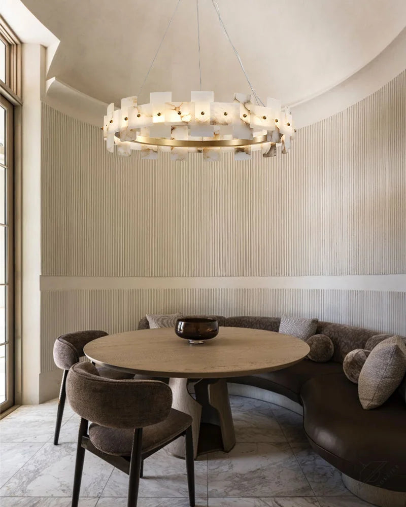 Antique Brass Ring Frame Round Halo Alabaster Modern Lighting Chandelier Wide 31 inch