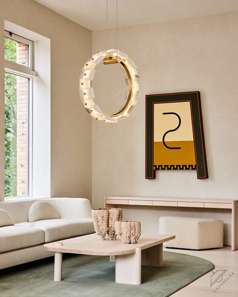 Antique Brass Ring Frame Round Halo Alabaster Modern Lighting Chandelier Wide 31 inch
