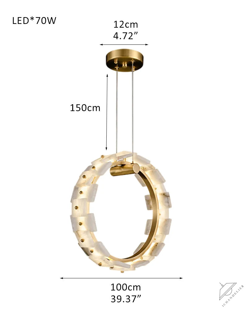 Antique Brass Ring Frame Round Halo Alabaster Modern Lighting Chandelier Wide 31 inch
