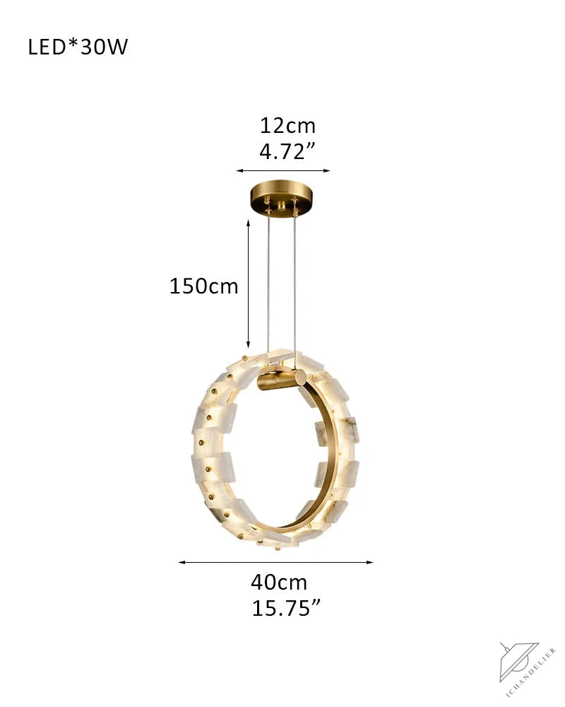 Antique Brass Ring Frame Round Halo Alabaster Modern Lighting Chandelier Wide 31 inch
