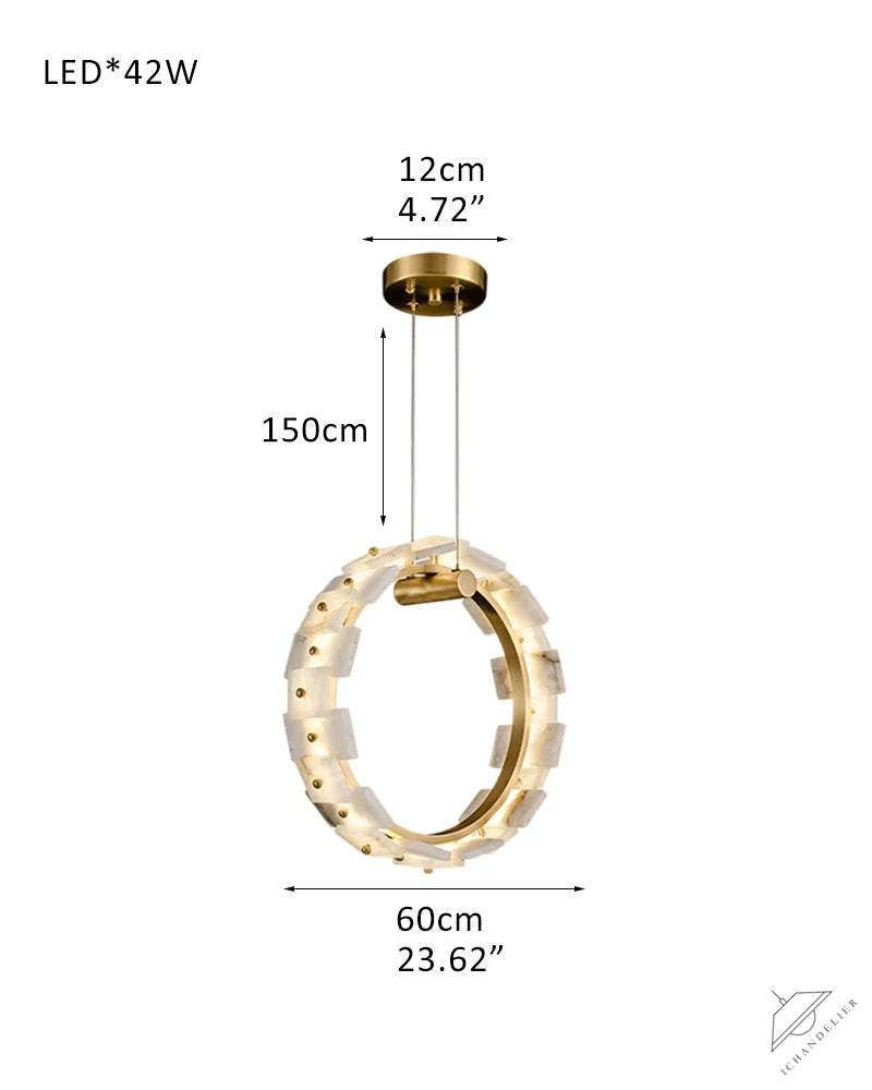 Antique Brass Ring Frame Round Halo Alabaster Modern Lighting Chandelier Wide 31 inch