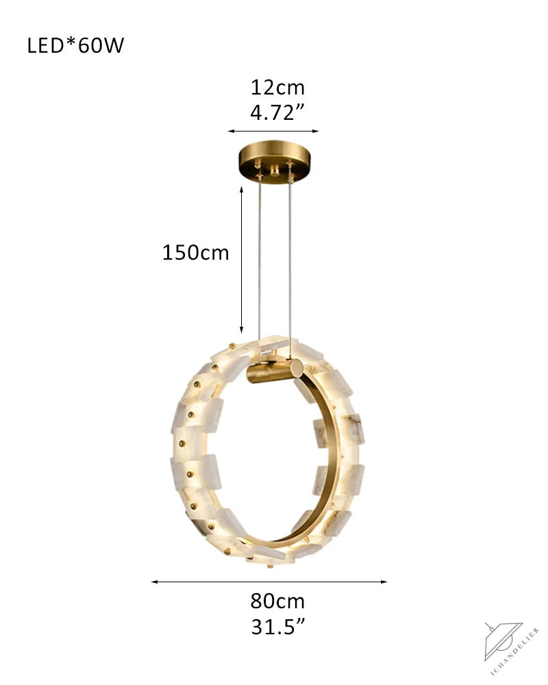 Antique Brass Ring Frame Round Halo Alabaster Modern Lighting Chandelier Wide 31 inch
