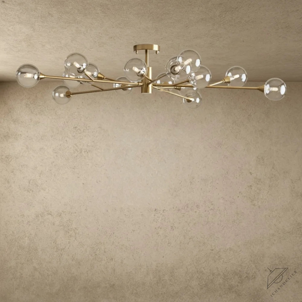 ichandelier Apollo Flush Mount 20 inch, 36 inch, 47 inch, modern brass finish with clear glass globe shades