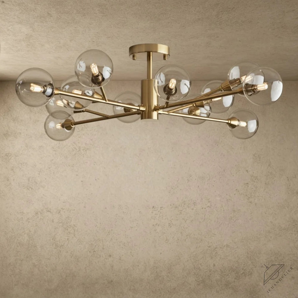 ichandelier Apollo Flush Mount 20 inch, 36 inch, 47 inch, 12-light brass semi-flush mount ceiling light with clear glass globes