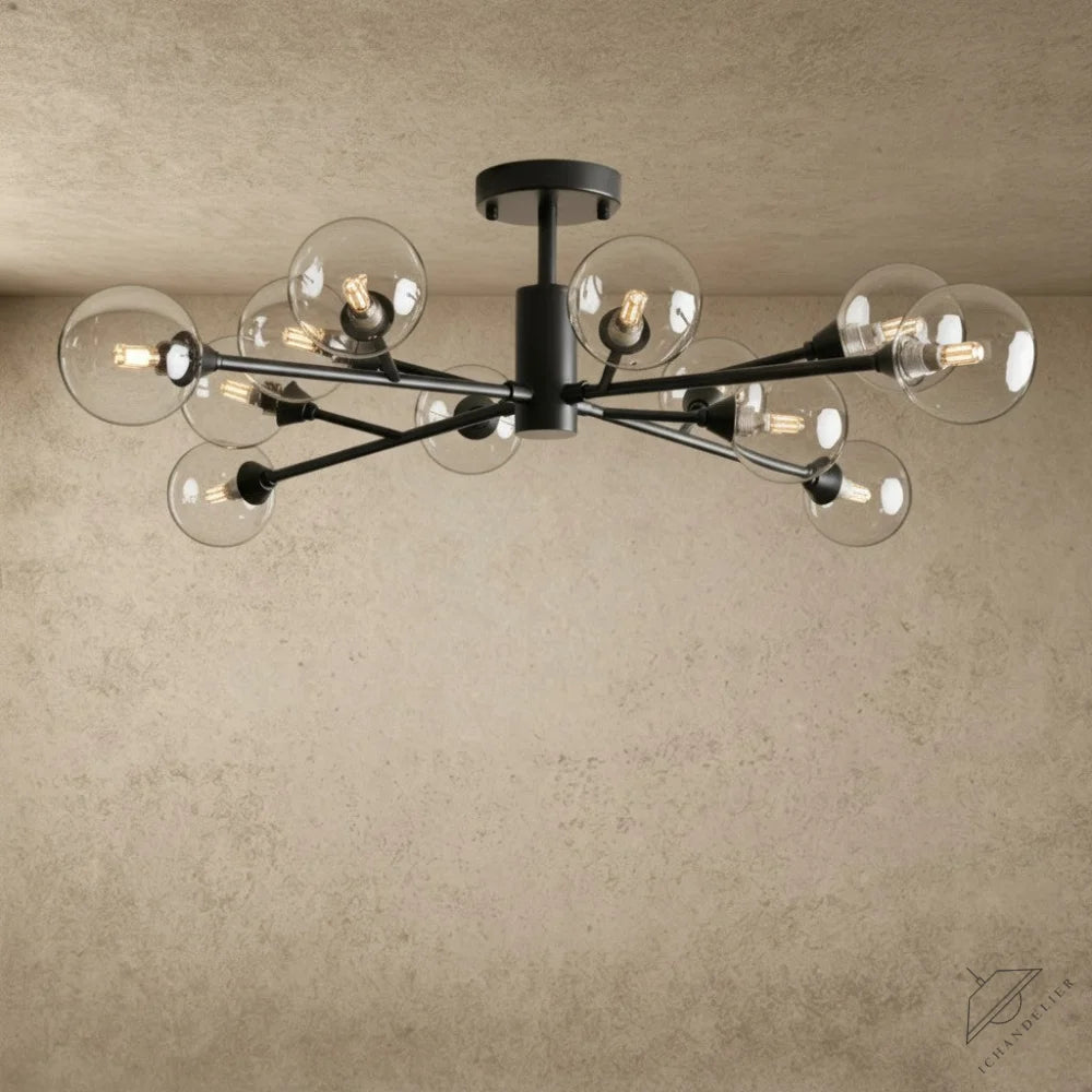 ichandelier Apollo Flush Mount 20 inch, 36 inch, 47 inch black metal semi-flush mount light with clear glass globe shades