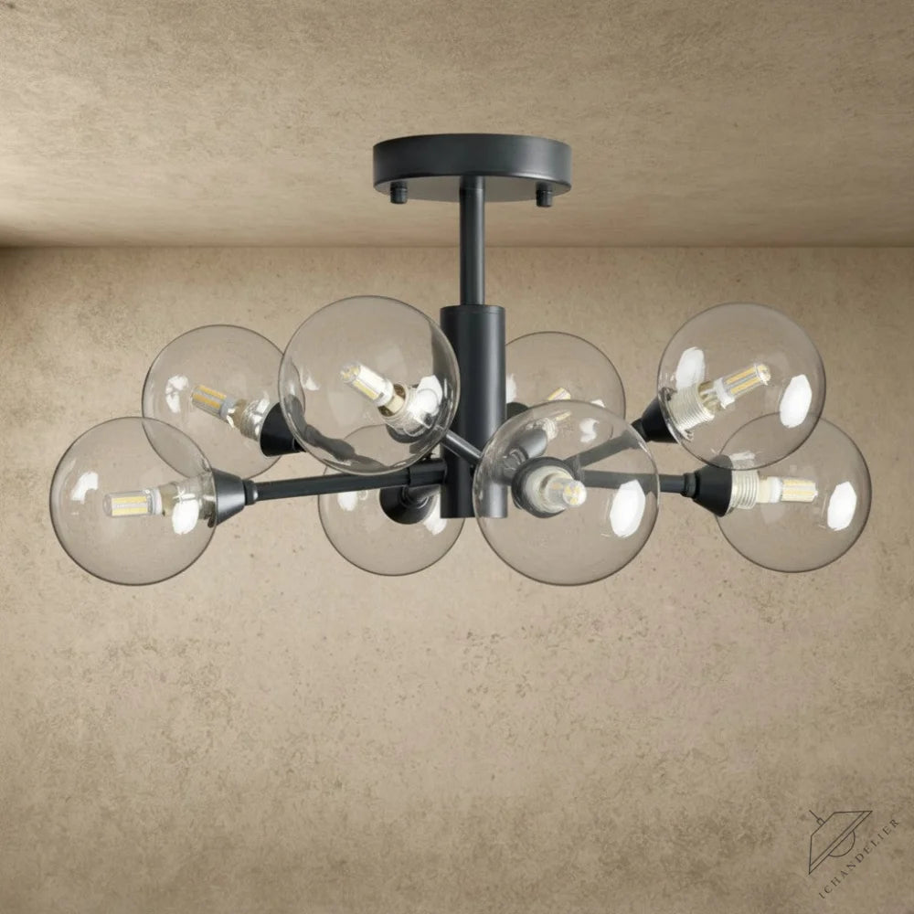 ichandelier Apollo Flush Mount 20 inch, 36 inch, 47 inch, black metal frame with clear glass globe shades, modern ceiling light