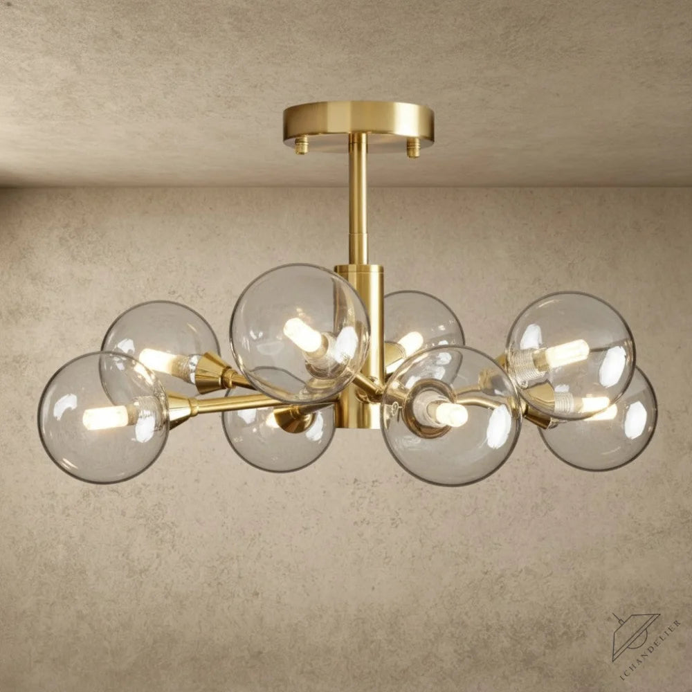 ichandelier Apollo Flush Mount 20 inch, 36 inch, 47 inch, brass finish, clear glass globe shades, modern ceiling light