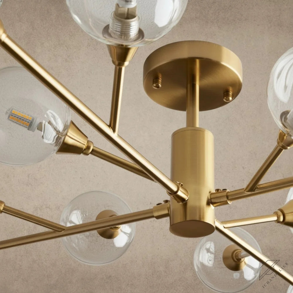 ichandelier Apollo Flush Mount 20/36/47 inch, brass finish, glass globe shades, modern sputnik chandelier