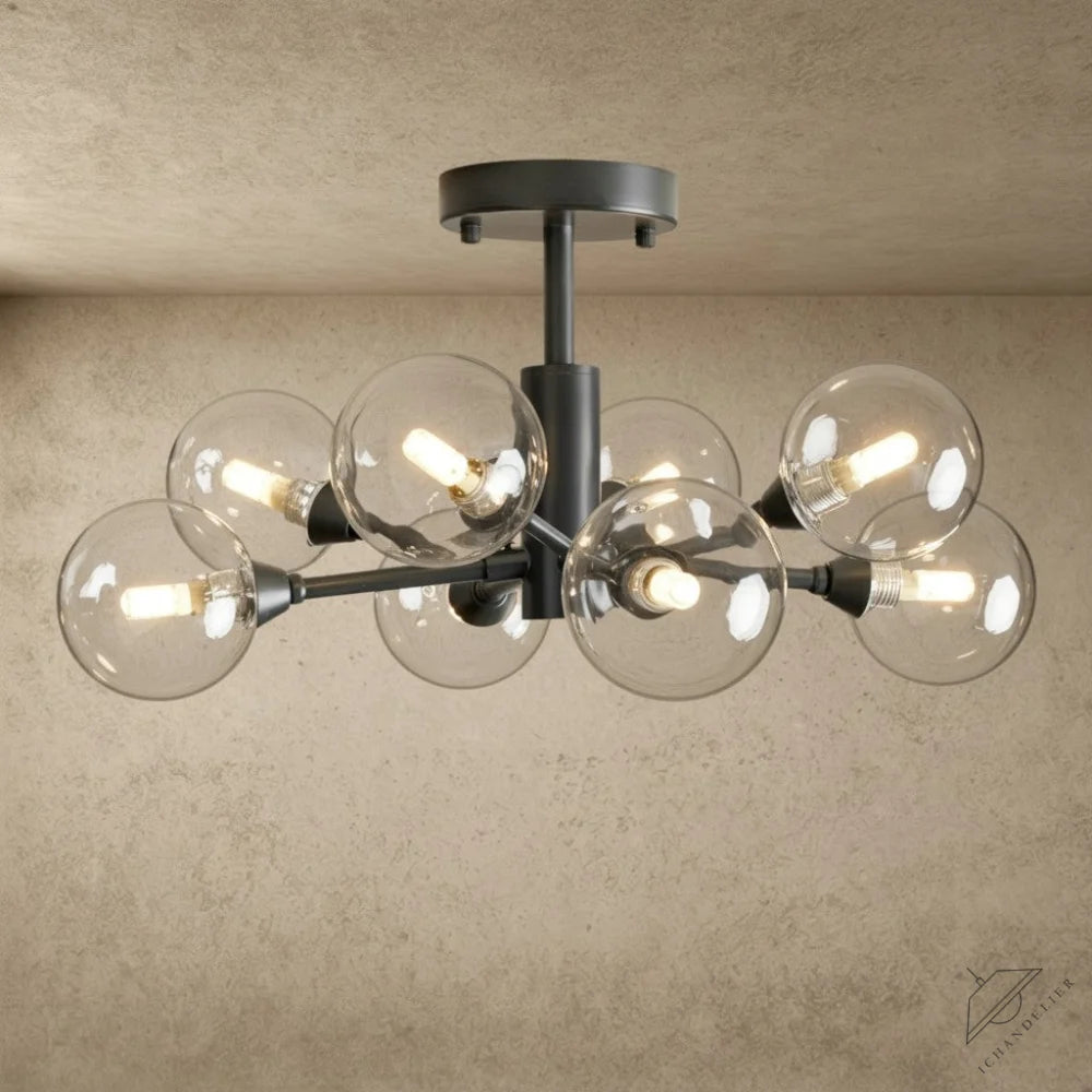 ichandelier Apollo Flush Mount 20 inch, 36 inch, 47 inch, 8-light black semi-flush mount ceiling light with clear glass globes