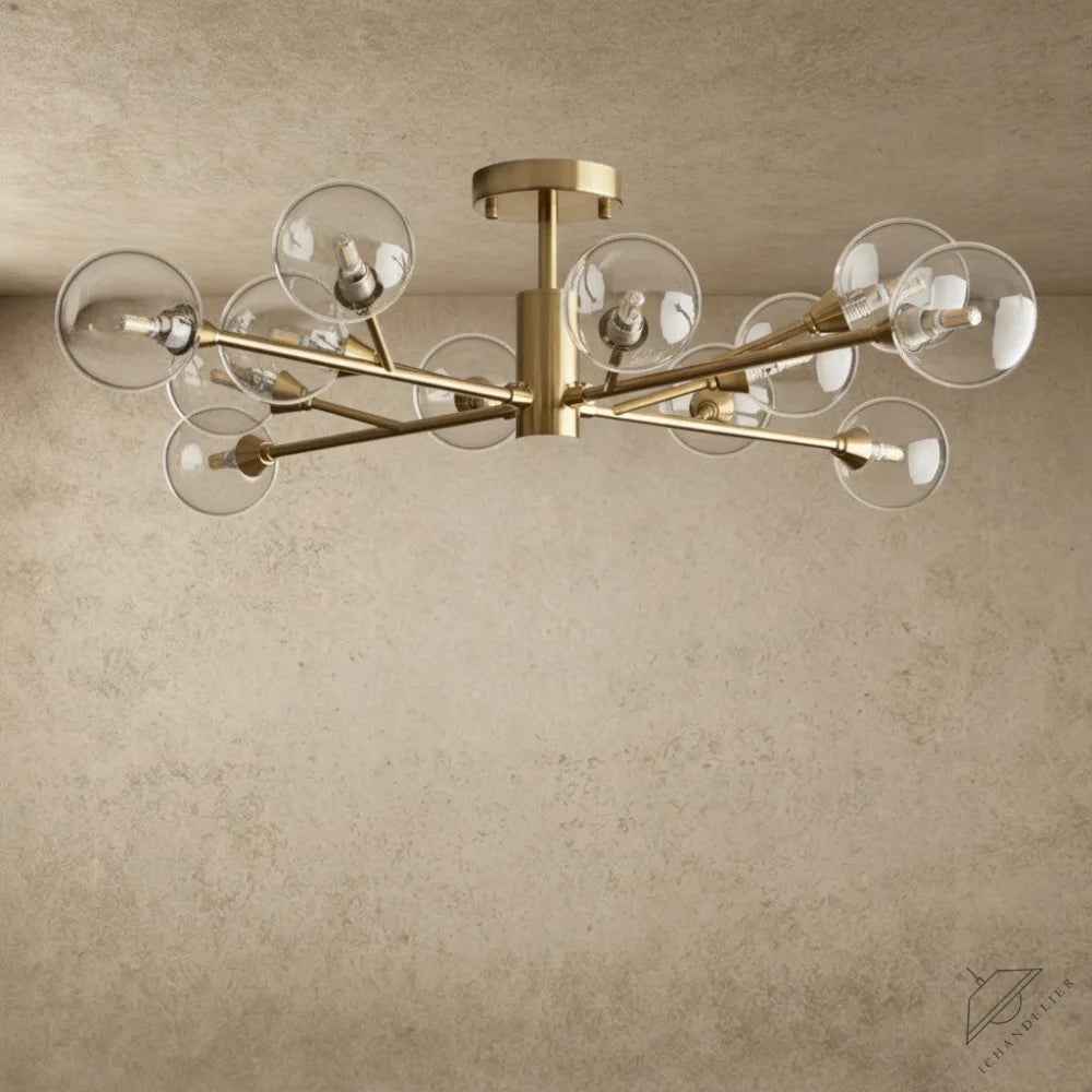ichandelier Apollo Flush Mount 20 inch, 36 inch, 47 inch, brass finish, glass globe shades, modern chandelier