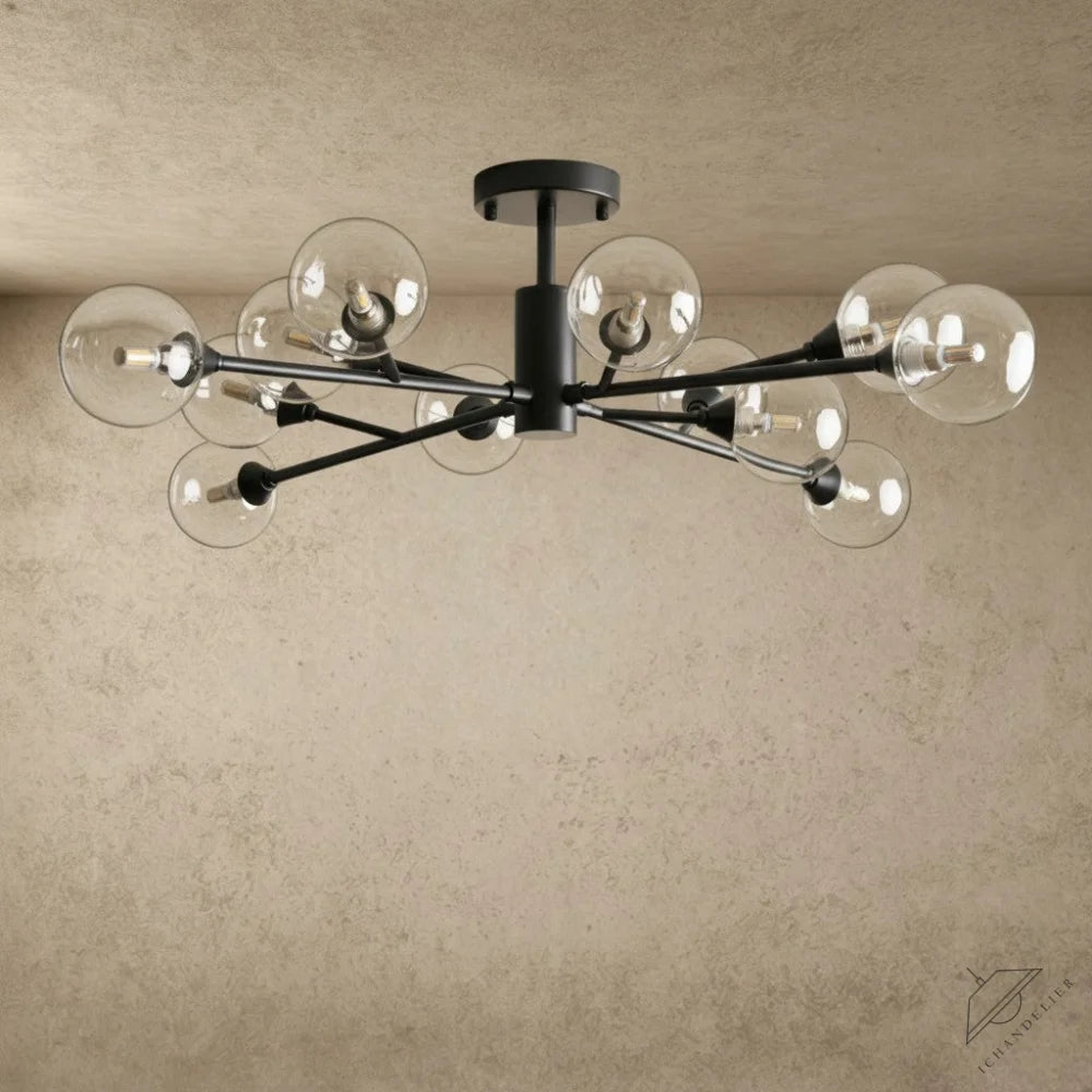 ichandelier Apollo Flush Mount 20 inch black metal chandelier with clear glass globe shades and exposed bulbs