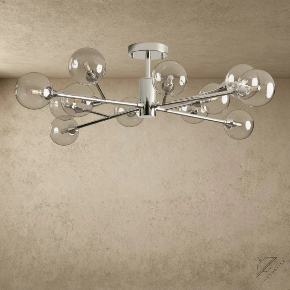 ichandelier Apollo Flush Mount 20/36/47 inch, 12-light modern chrome chandelier with clear glass globes.