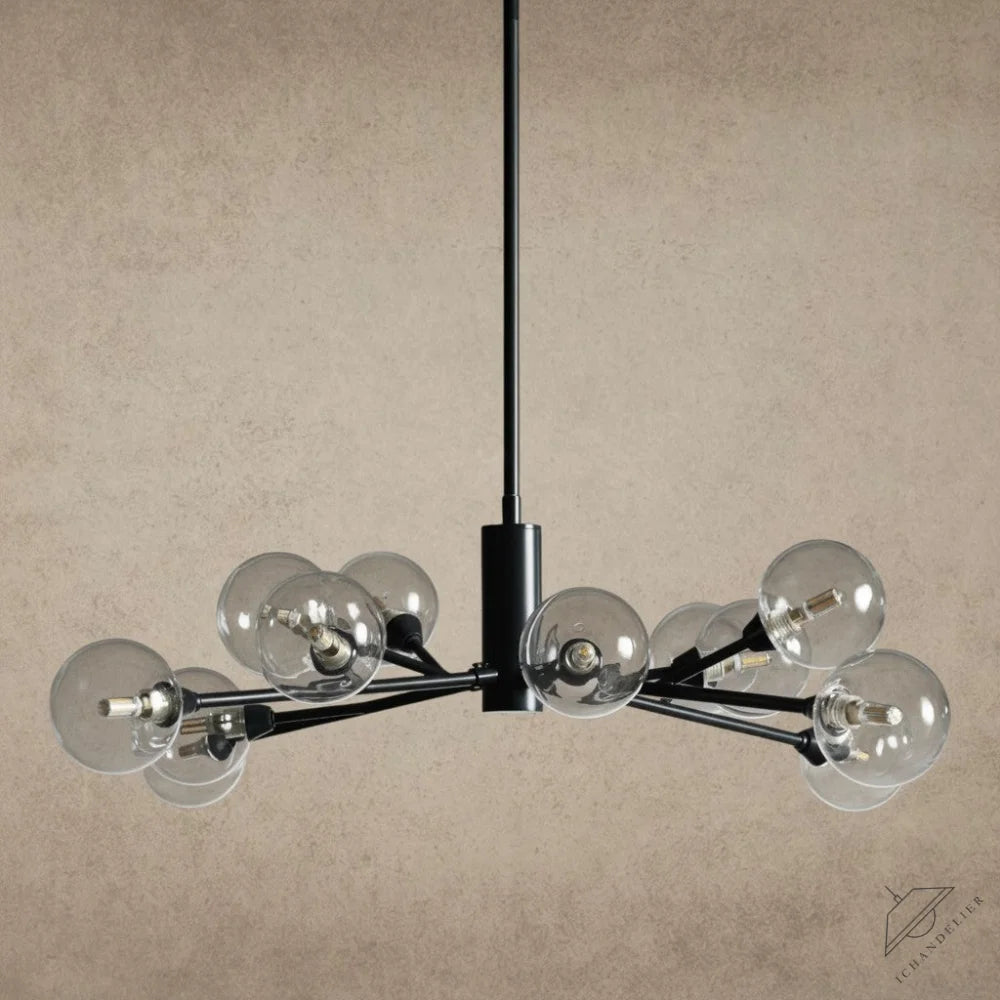 ichandelier Apollo Round Chandelier with clear glass globes and black metal frame, available in 36, 47, 59 inch sizes.