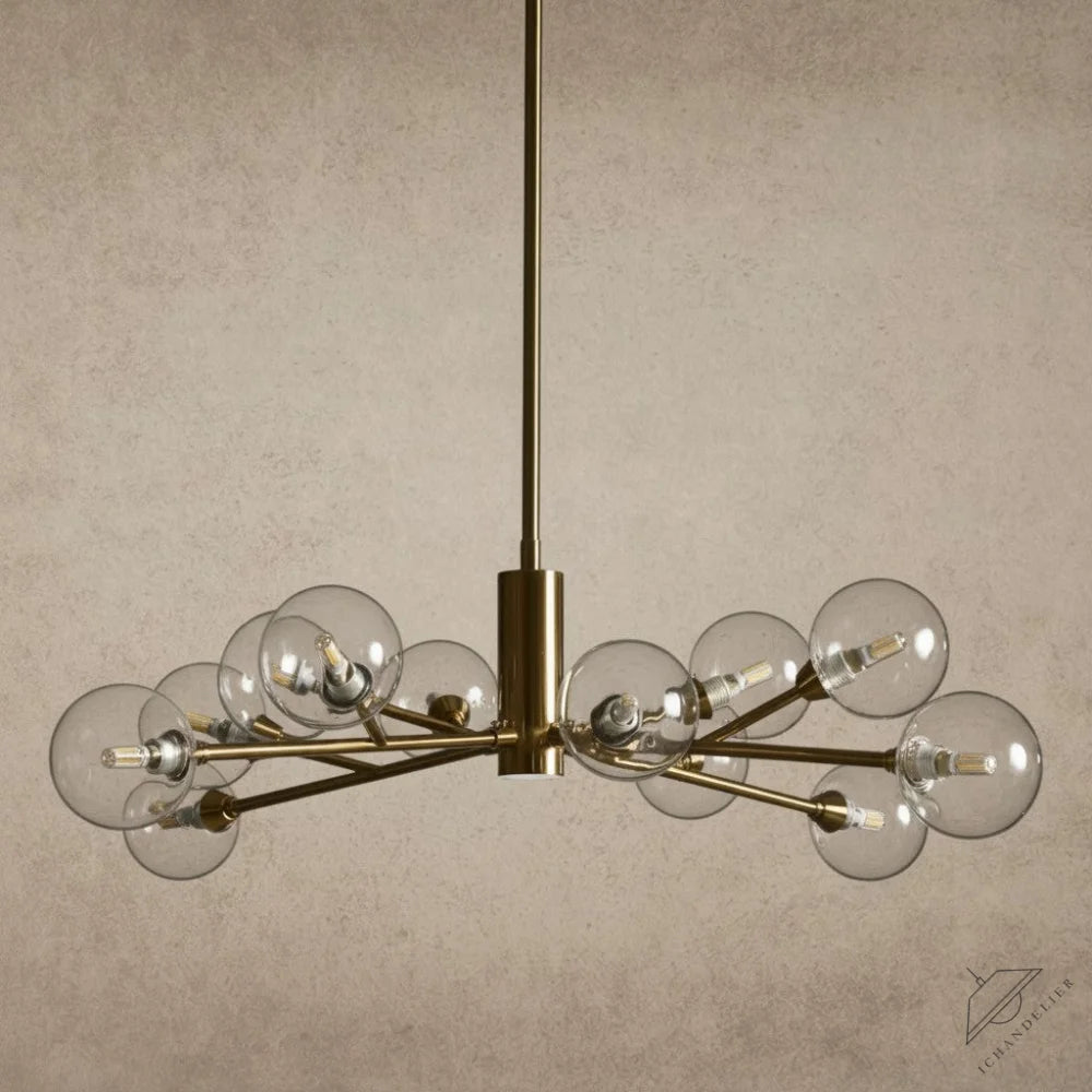 ichandelier Apollo Round Chandelier with clear glass globes and brass finish, available in 36, 47, 59 inch sizes.