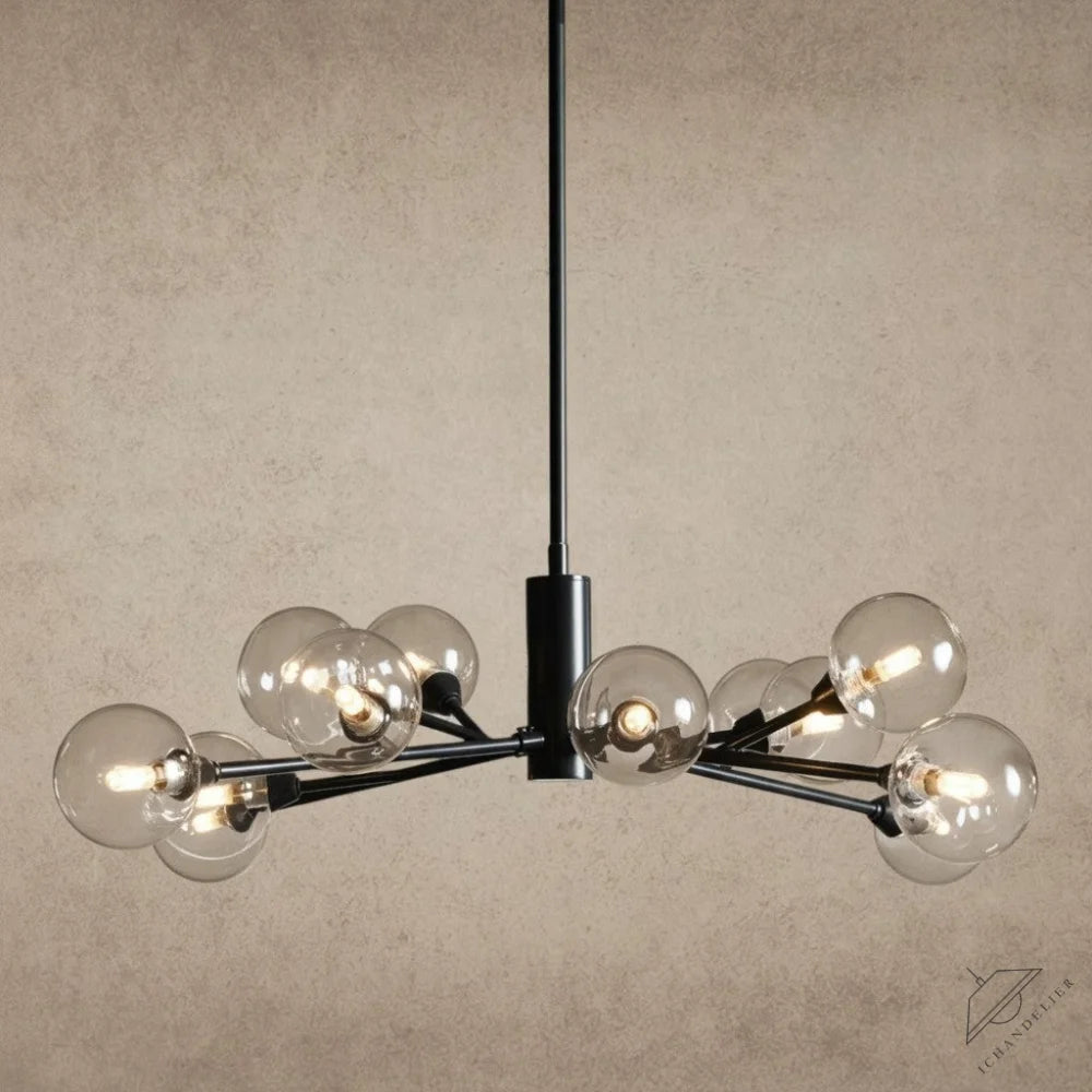 ichandelier Apollo Round Chandelier, black metal frame with clear glass globe shades, modern Sputnik style