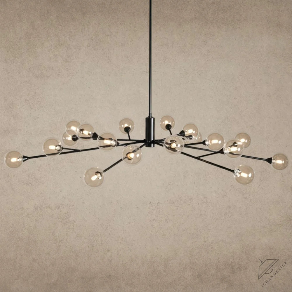 ichandelier Apollo Round Chandelier, modern black metal frame with clear glass globe shades, available in 36, 47, 59 inch sizes.