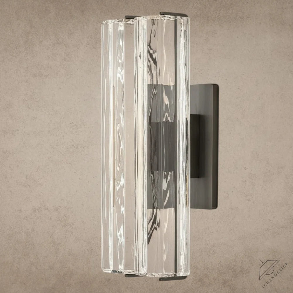 ichandelier Audubon Crystal Double Sconce, clear ribbed glass and dark metal wall light.