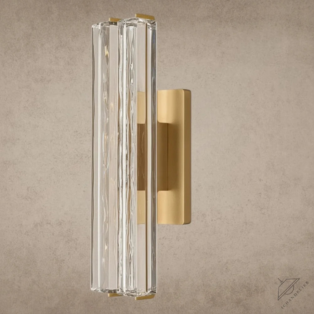 ichandelier Audubon Crystal Double Sconce, modern brass and clear glass wall light, vertical ribbed design