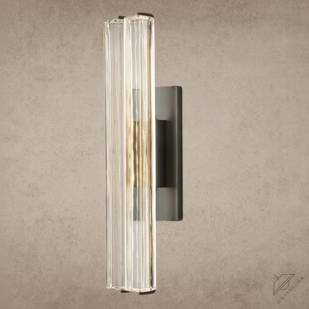 ichandelier Audubon Crystal Double Sconce, modern vertical wall light with clear ribbed glass and gold accents.