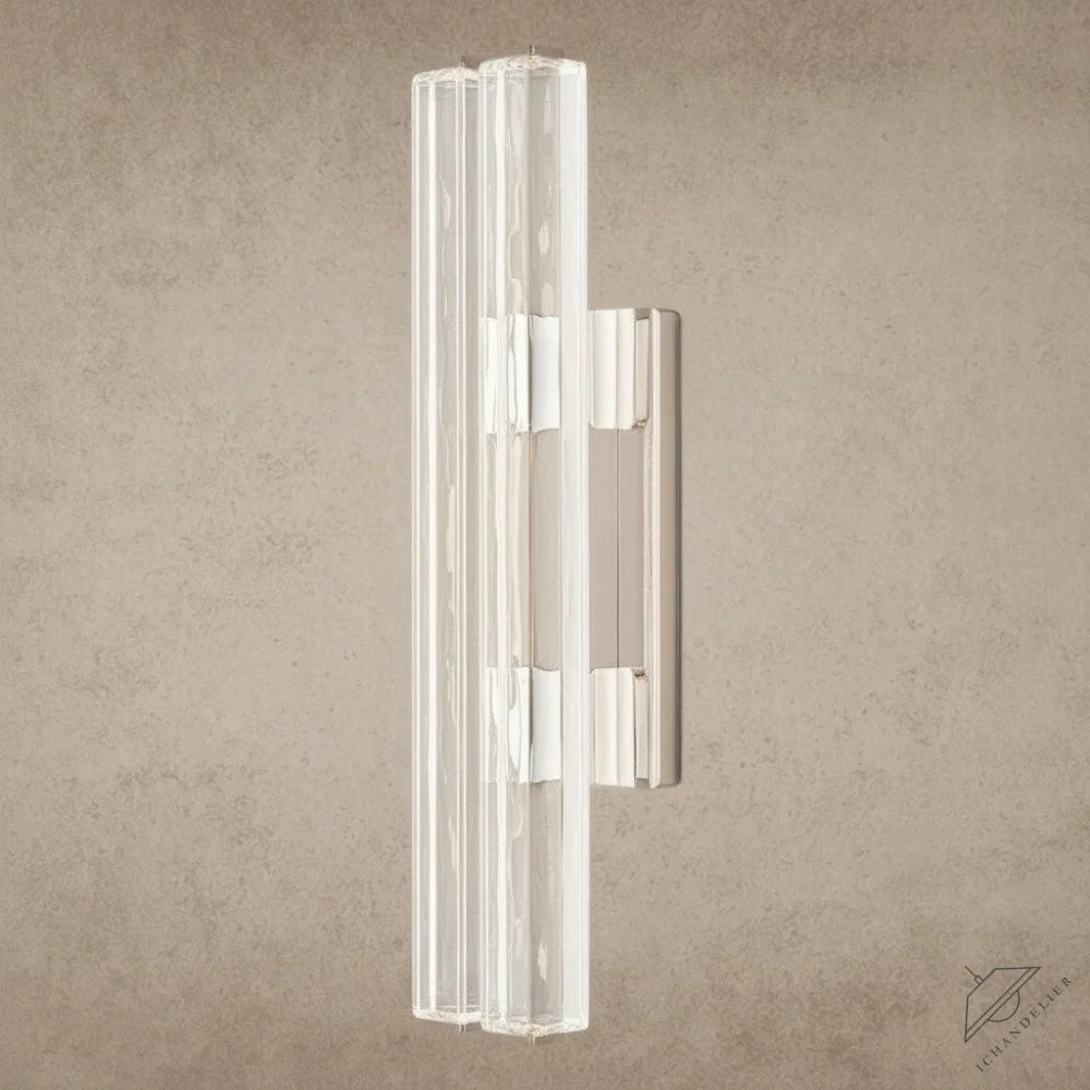 ichandelier Audubon Crystal Double Sconce, vertical clear glass rods with polished chrome accents, modern wall light