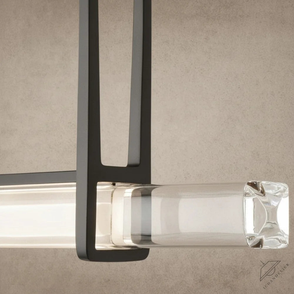 ichandelier Audubon Crystal Linear Single Bar Chandelier with clear crystal accents and dark metal frame.