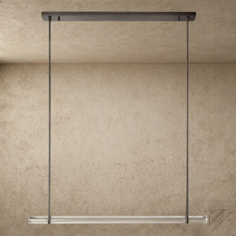 ichandelier Audubon Crystal Linear Single Bar Chandelier, clear glass tube with dark metal accents, modern pendant light