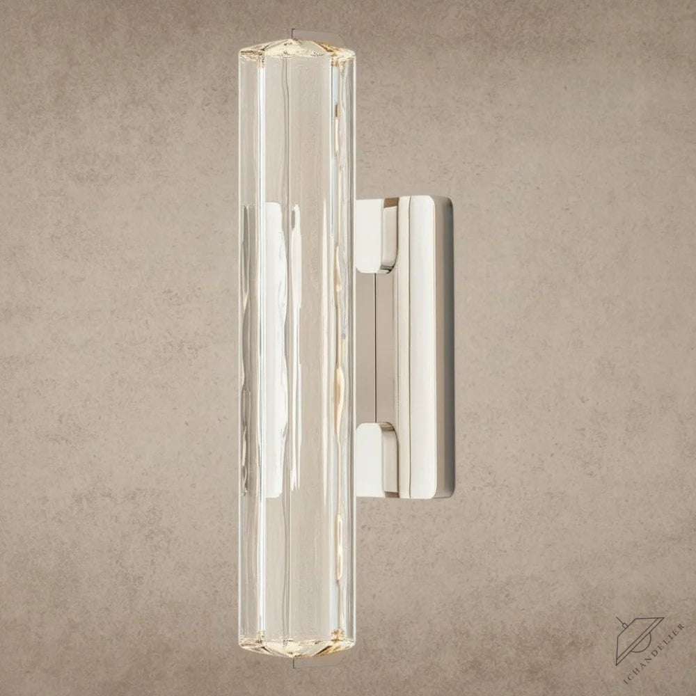 ichandelier Audubon Crystal Single Sconce, clear faceted crystal tube with polished nickel hardware, modern wall light