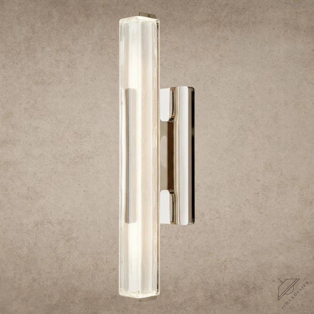 ichandelier Audubon Crystal Single Sconce, vertical clear glass tube with ribbed texture and polished chrome accents.