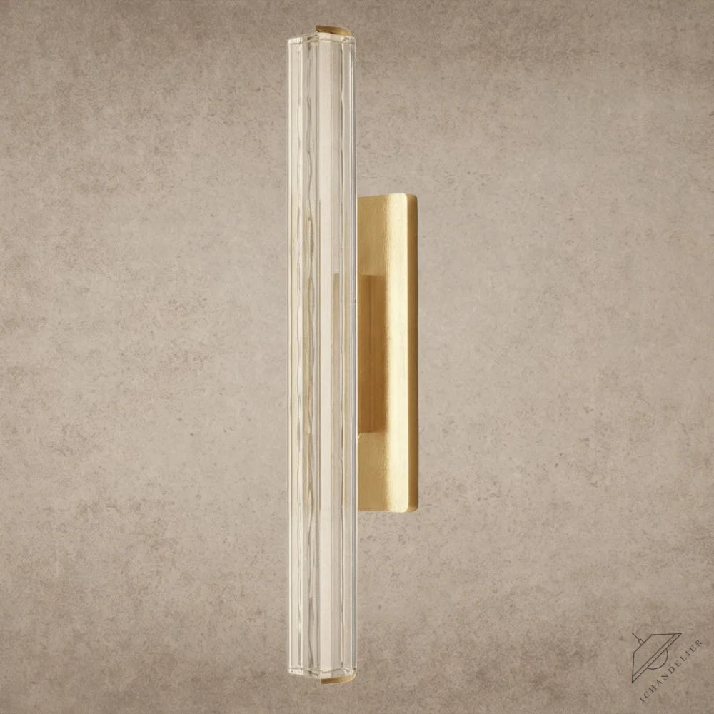 ichandelier Audubon Crystal Single Sconce, vertical clear glass tube with brass hardware, modern wall light