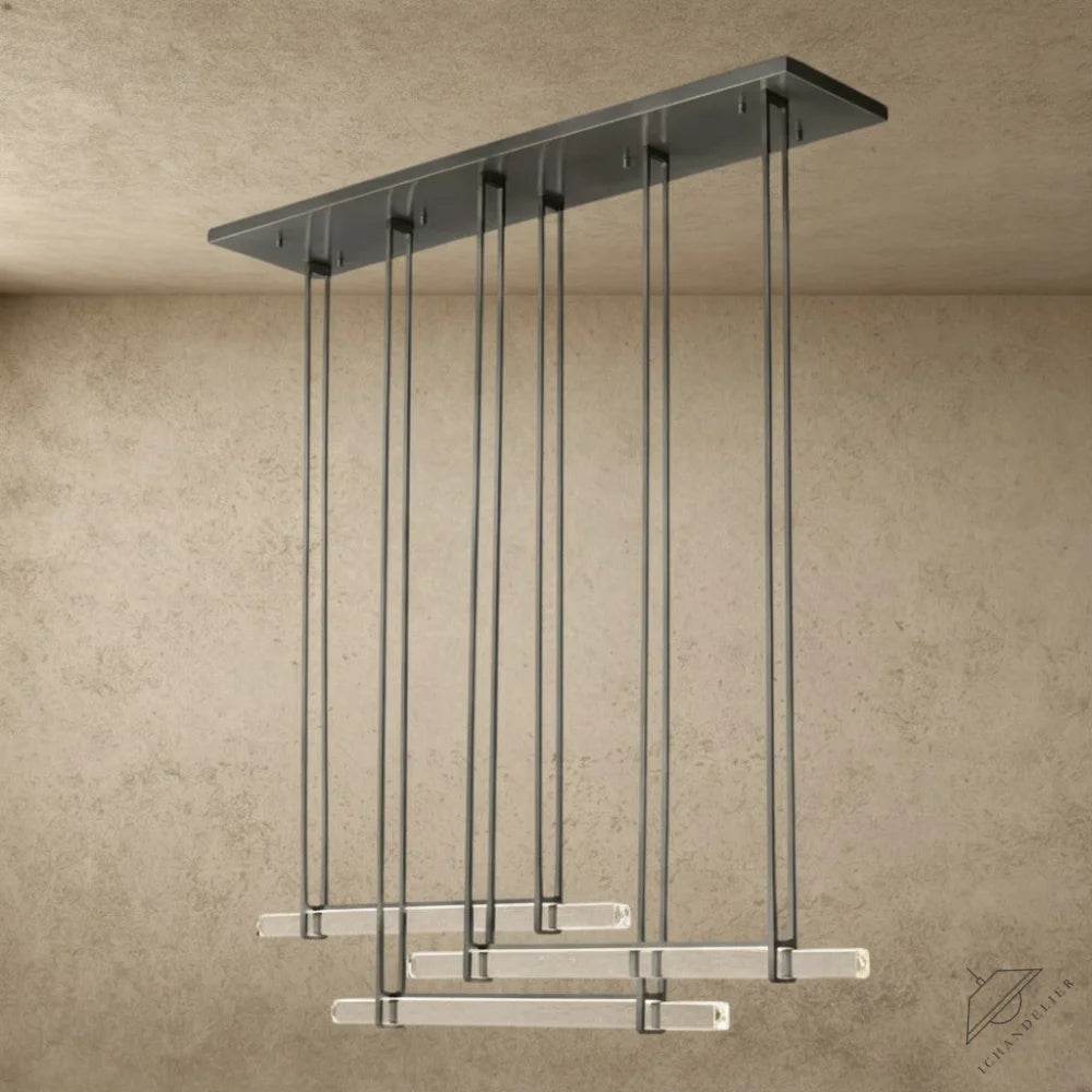 ichandelier Audubon Crystal Triple Bar Linear Chandelier, modern linear pendant light with clear crystal tubes and dark metal accents.