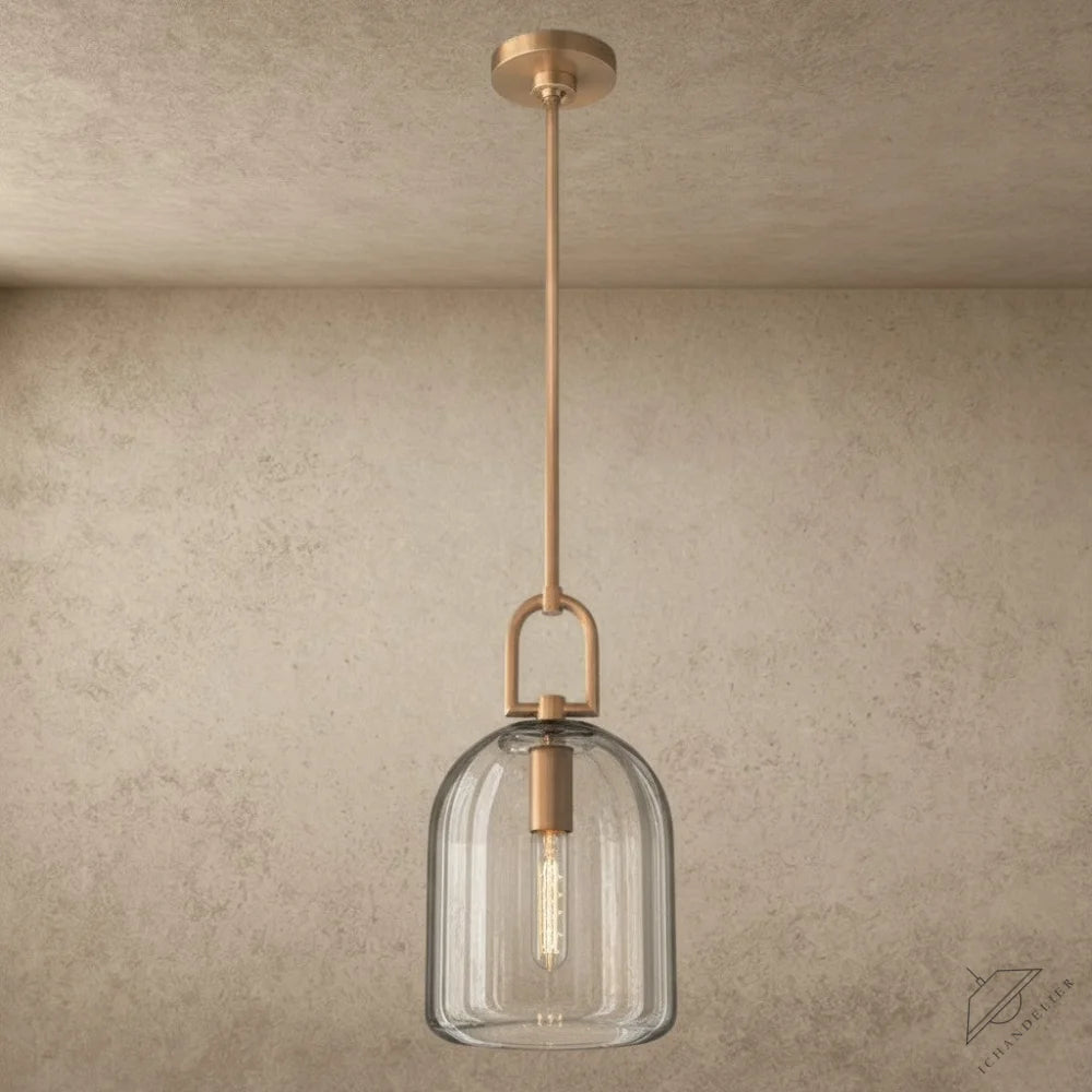 ichandelier Botanist Cloche Pendant, clear glass shade with vertical ridges, brass hardware, modern farmhouse style
