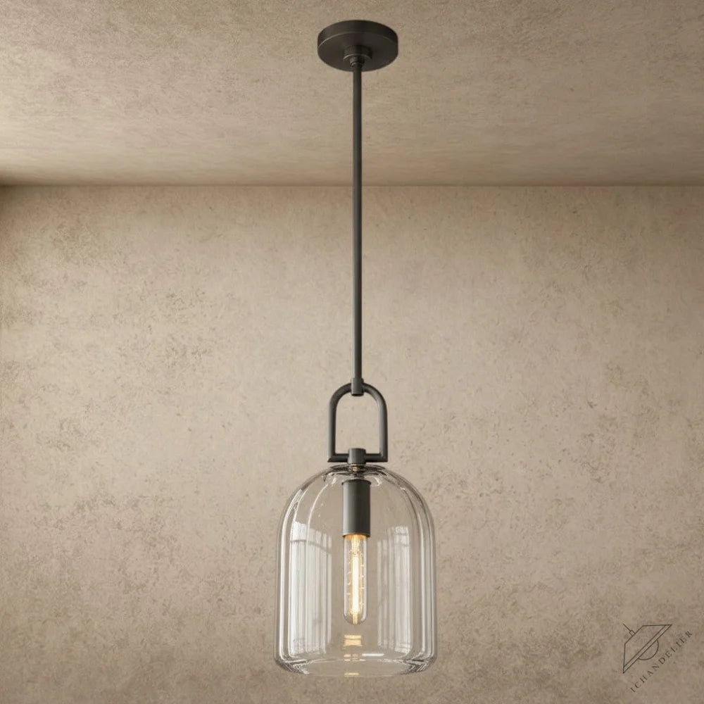 ichandelier Botanist Cloche Pendant, clear glass shade with ribbed texture, dark metal accents, single exposed bulb