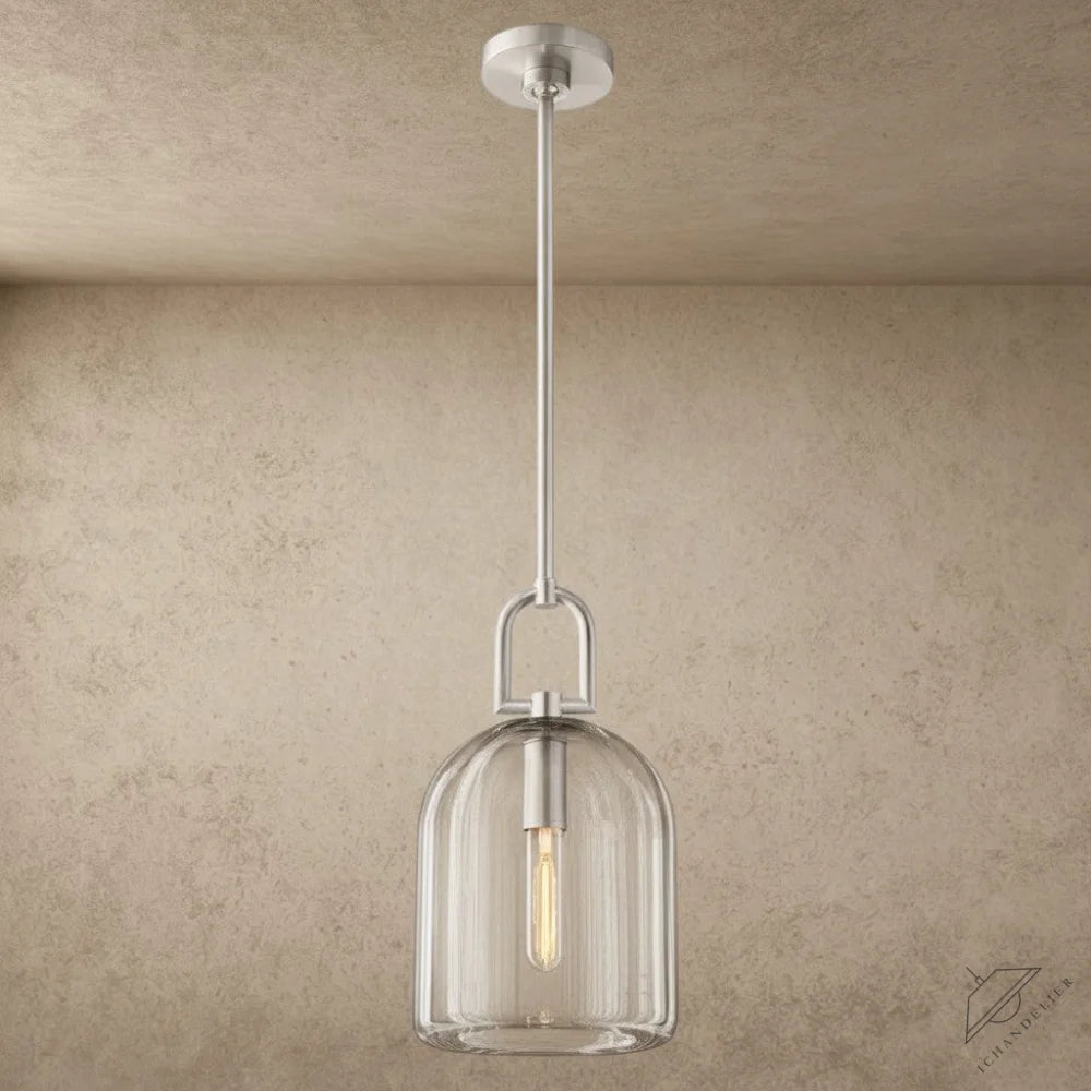 ichandelier Botanist Cloche Pendant, clear glass shade with vertical ribs, brushed nickel hardware, single exposed bulb